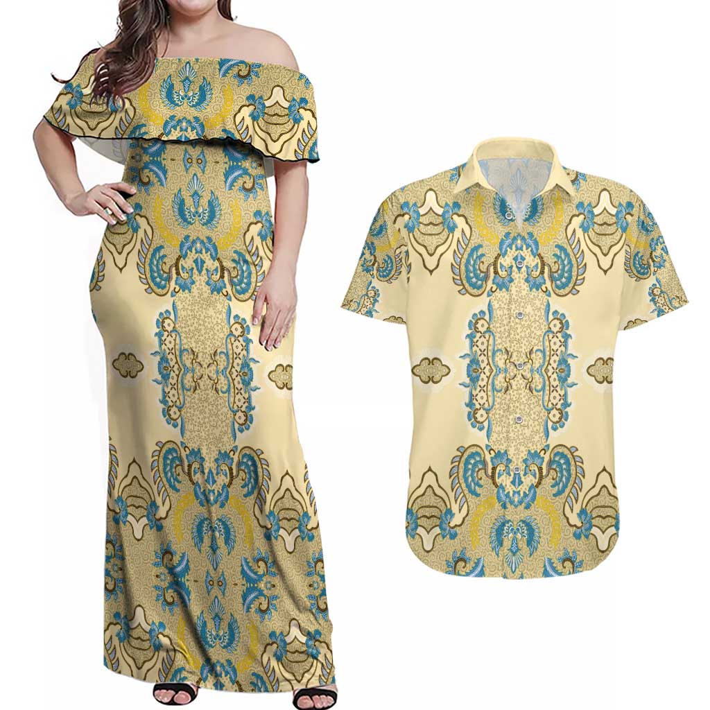 Madiba Nelson Mandela Couples Matching Off Shoulder Maxi Dress and Hawaiian Shirt Indonesia Batik Yellow Bule - Wonder Print Shop