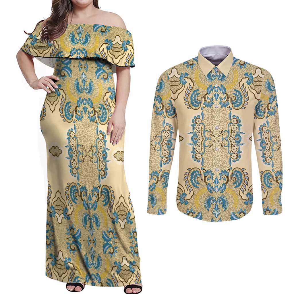 Madiba Nelson Mandela Couples Matching Off Shoulder Maxi Dress and Long Sleeve Button Shirt Indonesia Batik Yellow Bule - Wonder Print Shop