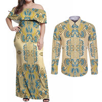 Madiba Nelson Mandela Couples Matching Off Shoulder Maxi Dress and Long Sleeve Button Shirt Indonesia Batik Yellow Bule - Wonder Print Shop