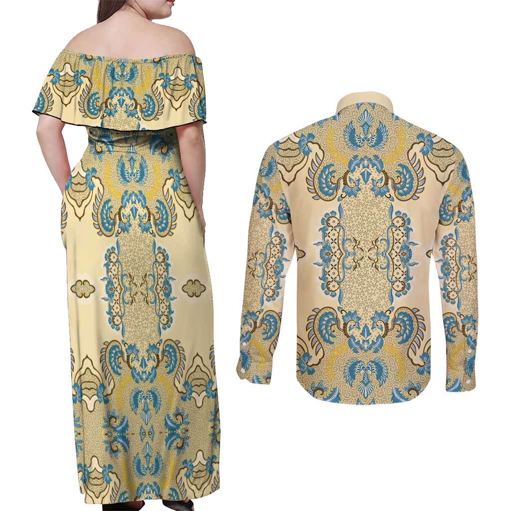 Madiba Nelson Mandela Couples Matching Off Shoulder Maxi Dress and Long Sleeve Button Shirt Indonesia Batik Yellow Bule - Wonder Print Shop