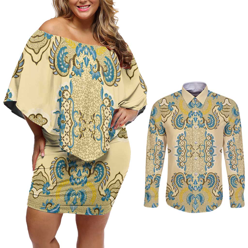 Madiba Nelson Mandela Couples Matching Off Shoulder Short Dress and Long Sleeve Button Shirt Indonesia Batik Yellow Bule - Wonder Print Shop