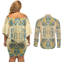 Madiba Nelson Mandela Couples Matching Off Shoulder Short Dress and Long Sleeve Button Shirt Indonesia Batik Yellow Bule - Wonder Print Shop