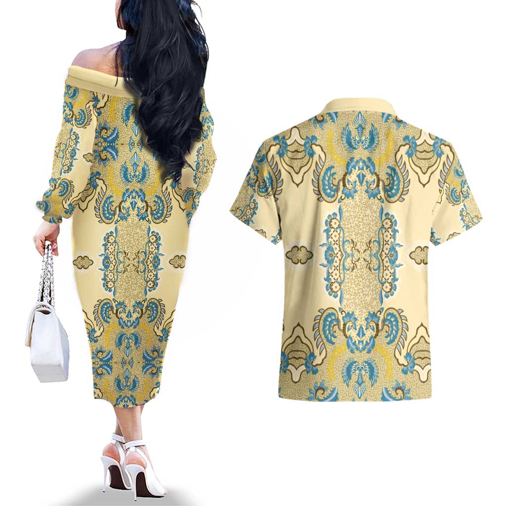Madiba Nelson Mandela Couples Matching Off The Shoulder Long Sleeve Dress and Hawaiian Shirt Indonesia Batik Yellow Bule - Wonder Print Shop