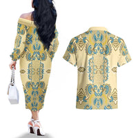Madiba Nelson Mandela Couples Matching Off The Shoulder Long Sleeve Dress and Hawaiian Shirt Indonesia Batik Yellow Bule - Wonder Print Shop