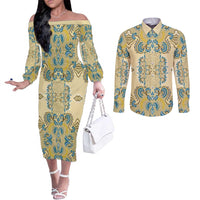 Madiba Nelson Mandela Couples Matching Off The Shoulder Long Sleeve Dress and Long Sleeve Button Shirt Indonesia Batik Yellow Bule - Wonder Print Shop