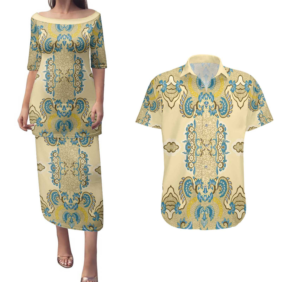 Madiba Nelson Mandela Couples Matching Puletasi and Hawaiian Shirt Indonesia Batik Yellow Bule - Wonder Print Shop