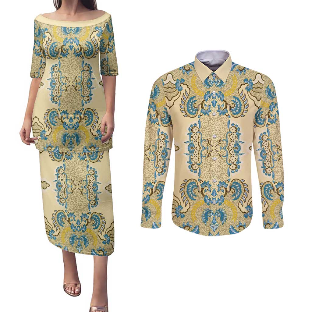 Madiba Nelson Mandela Couples Matching Puletasi and Long Sleeve Button Shirt Indonesia Batik Yellow Bule - Wonder Print Shop