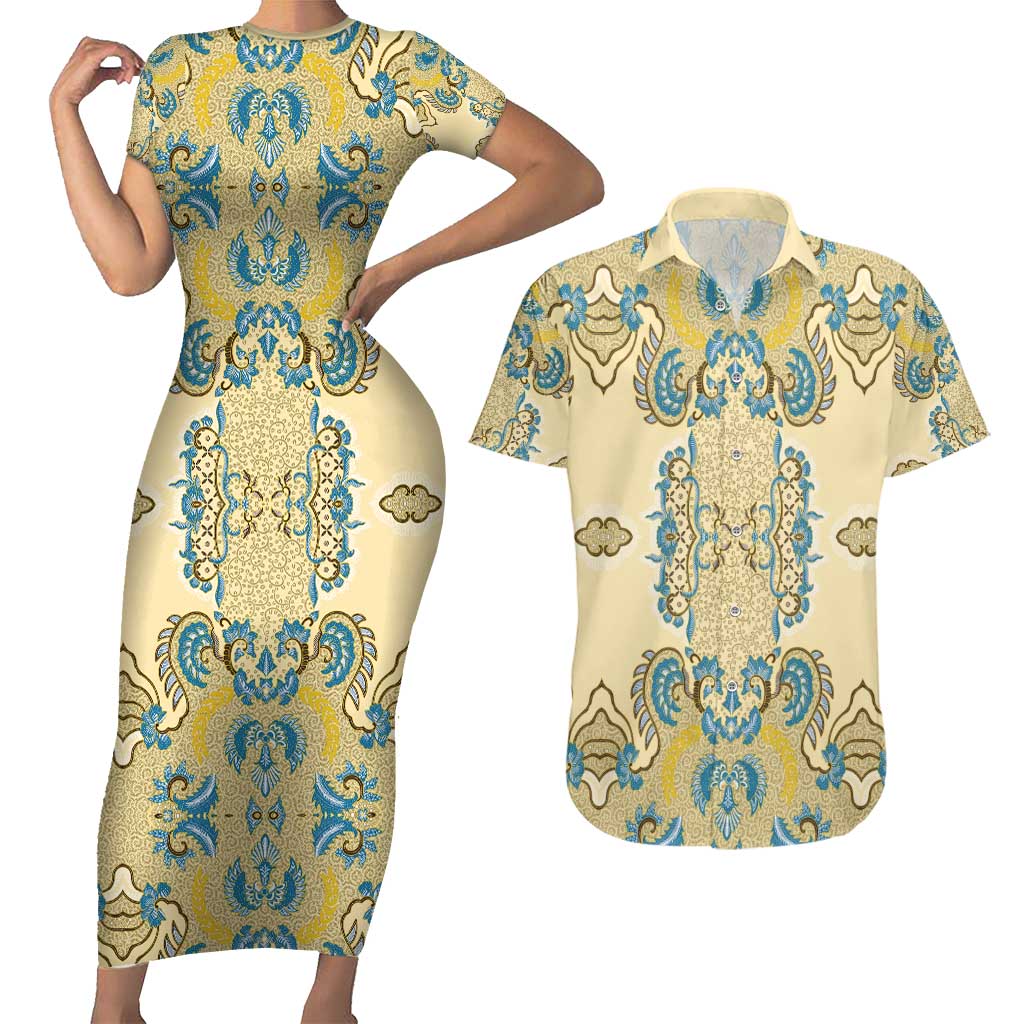 Madiba Nelson Mandela Couples Matching Short Sleeve Bodycon Dress and Hawaiian Shirt Indonesia Batik Yellow Bule - Wonder Print Shop