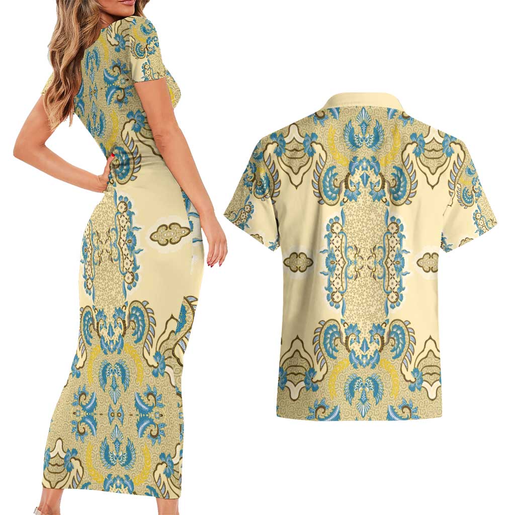 Madiba Nelson Mandela Couples Matching Short Sleeve Bodycon Dress and Hawaiian Shirt Indonesia Batik Yellow Bule - Wonder Print Shop