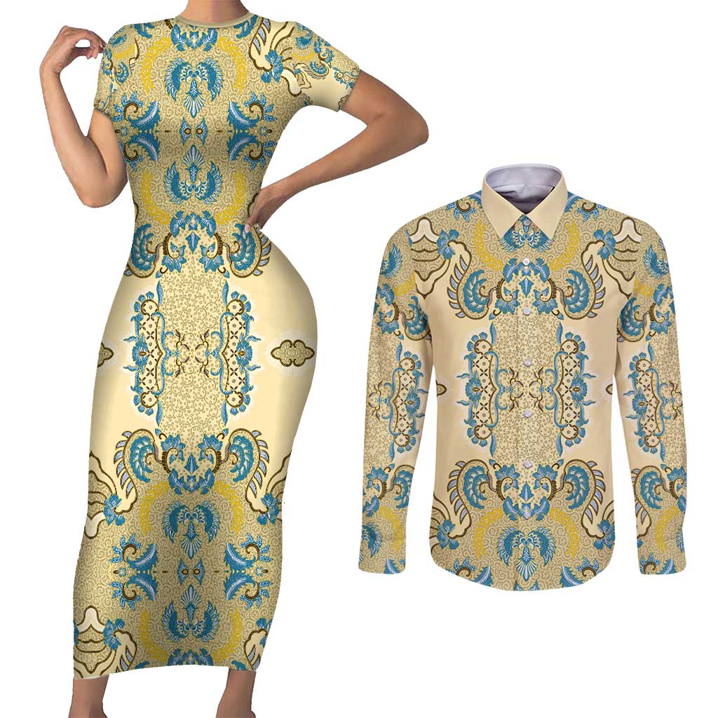 Madiba Nelson Mandela Couples Matching Short Sleeve Bodycon Dress and Long Sleeve Button Shirt Indonesia Batik Yellow Bule - Wonder Print Shop