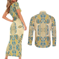 Madiba Nelson Mandela Couples Matching Short Sleeve Bodycon Dress and Long Sleeve Button Shirt Indonesia Batik Yellow Bule - Wonder Print Shop