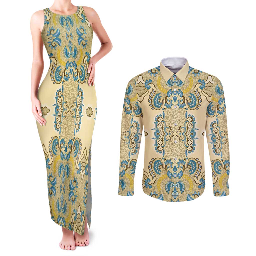 Madiba Nelson Mandela Couples Matching Tank Maxi Dress and Long Sleeve Button Shirt Indonesia Batik Yellow Bule - Wonder Print Shop