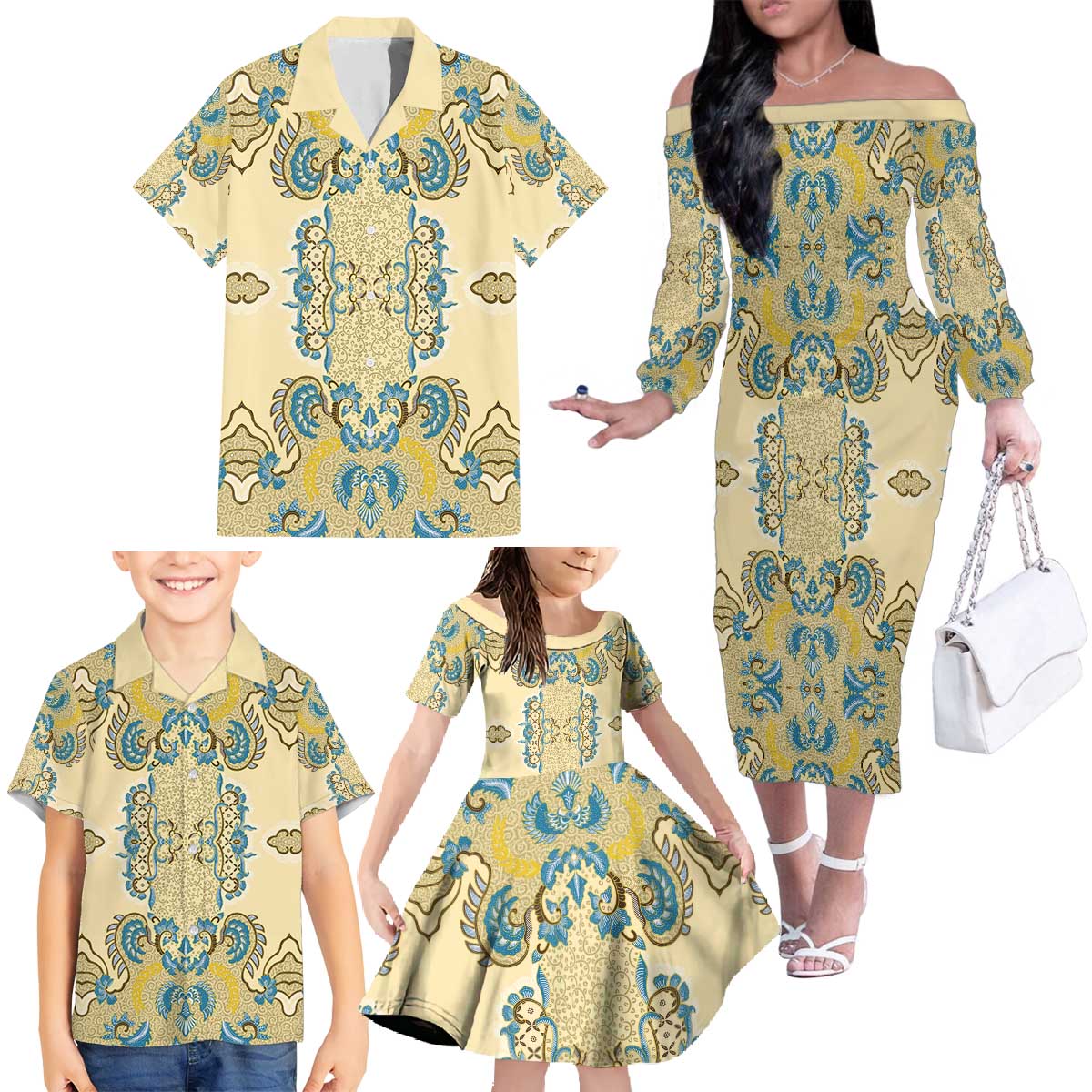 Madiba Nelson Mandela Family Matching Off The Shoulder Long Sleeve Dress and Hawaiian Shirt Indonesia Batik Yellow Bule - Wonder Print Shop