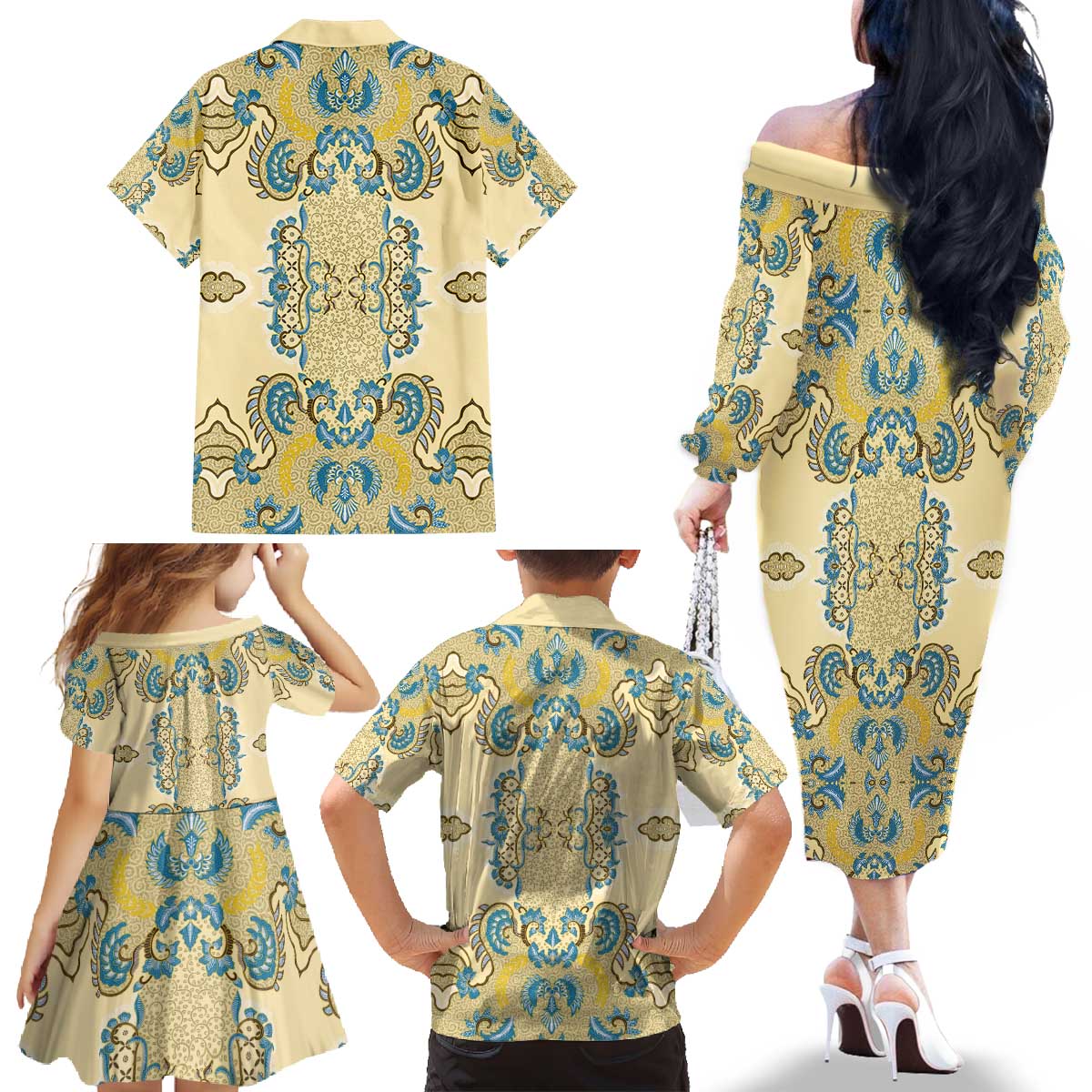 Madiba Nelson Mandela Family Matching Off The Shoulder Long Sleeve Dress and Hawaiian Shirt Indonesia Batik Yellow Bule - Wonder Print Shop