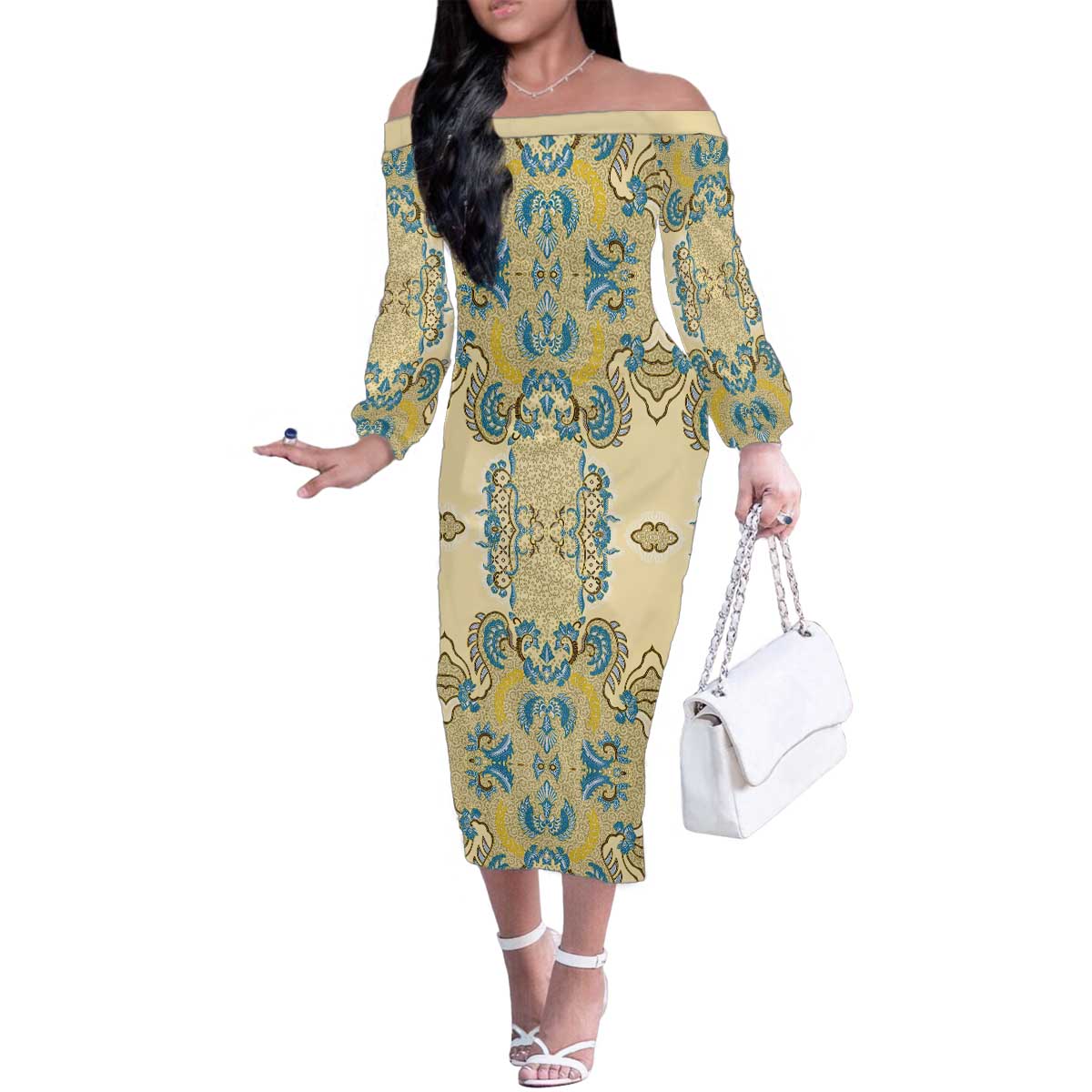 Madiba Nelson Mandela Family Matching Off The Shoulder Long Sleeve Dress and Hawaiian Shirt Indonesia Batik Yellow Bule - Wonder Print Shop