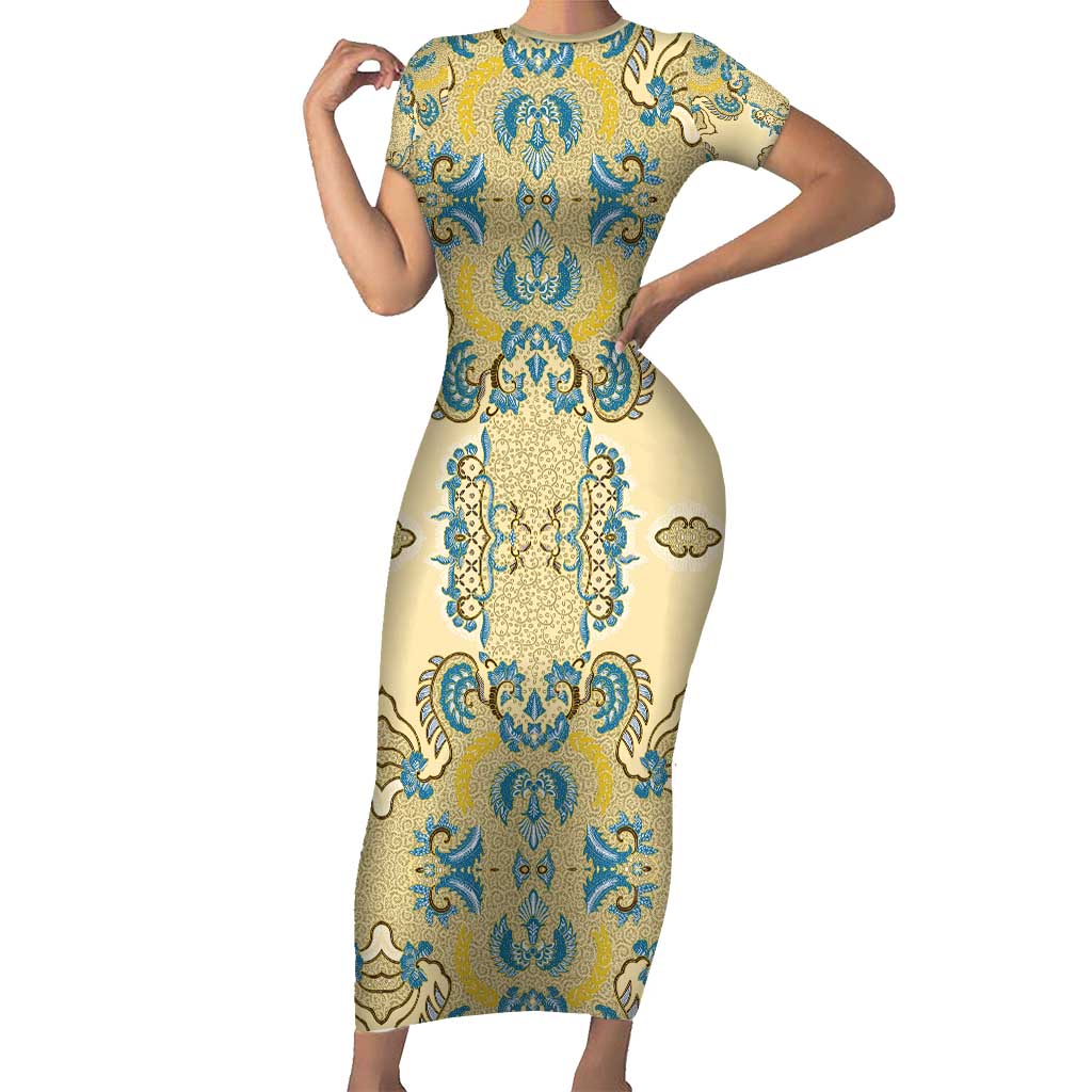 Madiba Nelson Mandela Family Matching Short Sleeve Bodycon Dress and Hawaiian Shirt Indonesia Batik Yellow Bule - Wonder Print Shop
