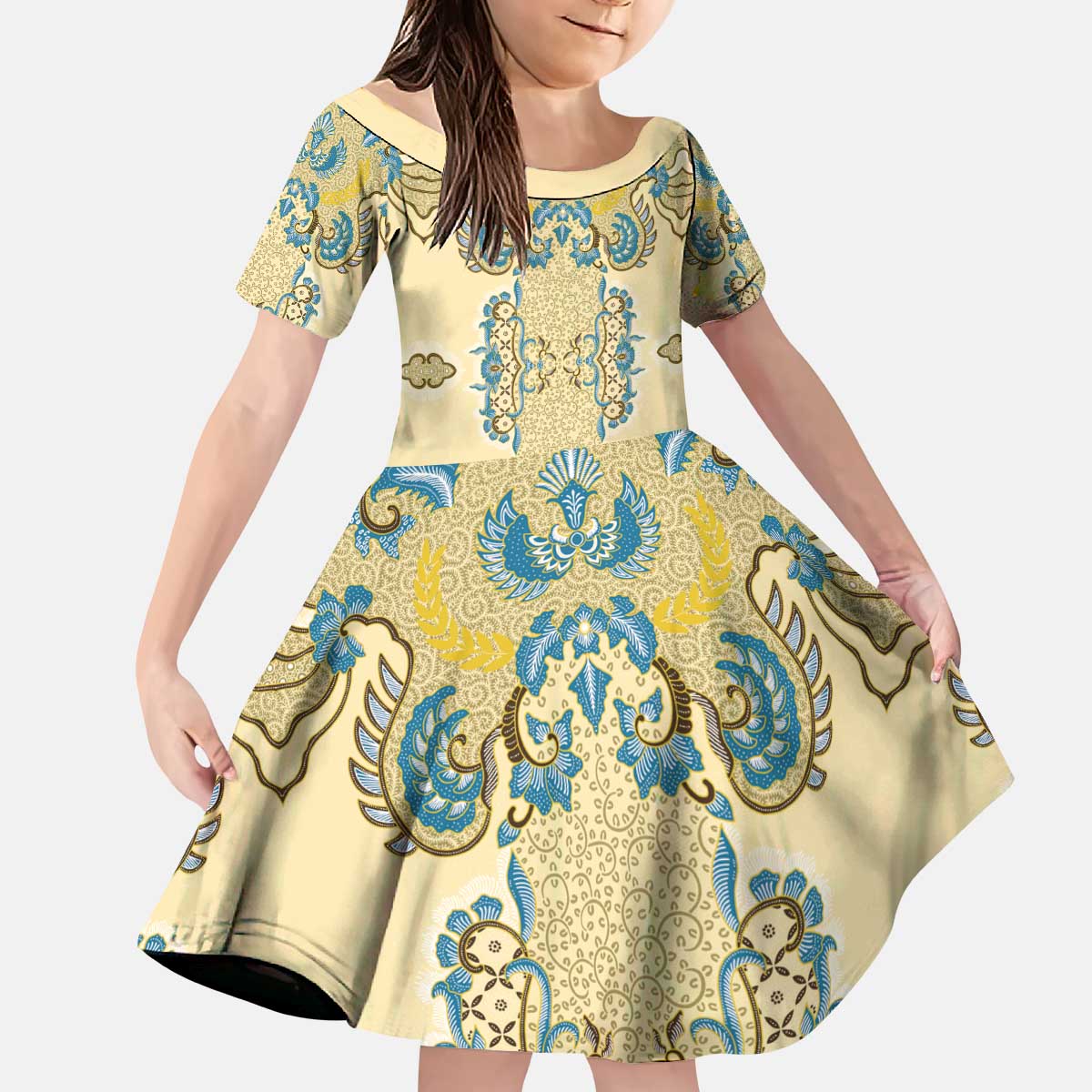 Madiba Nelson Mandela Kid Short Sleeve Dress Indonesia Batik Yellow Bule - Wonder Print Shop