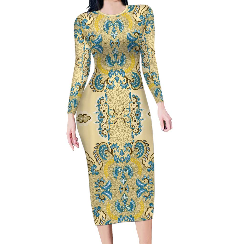 Madiba Nelson Mandela Long Sleeve Bodycon Dress Indonesia Batik Yellow Bule - Wonder Print Shop