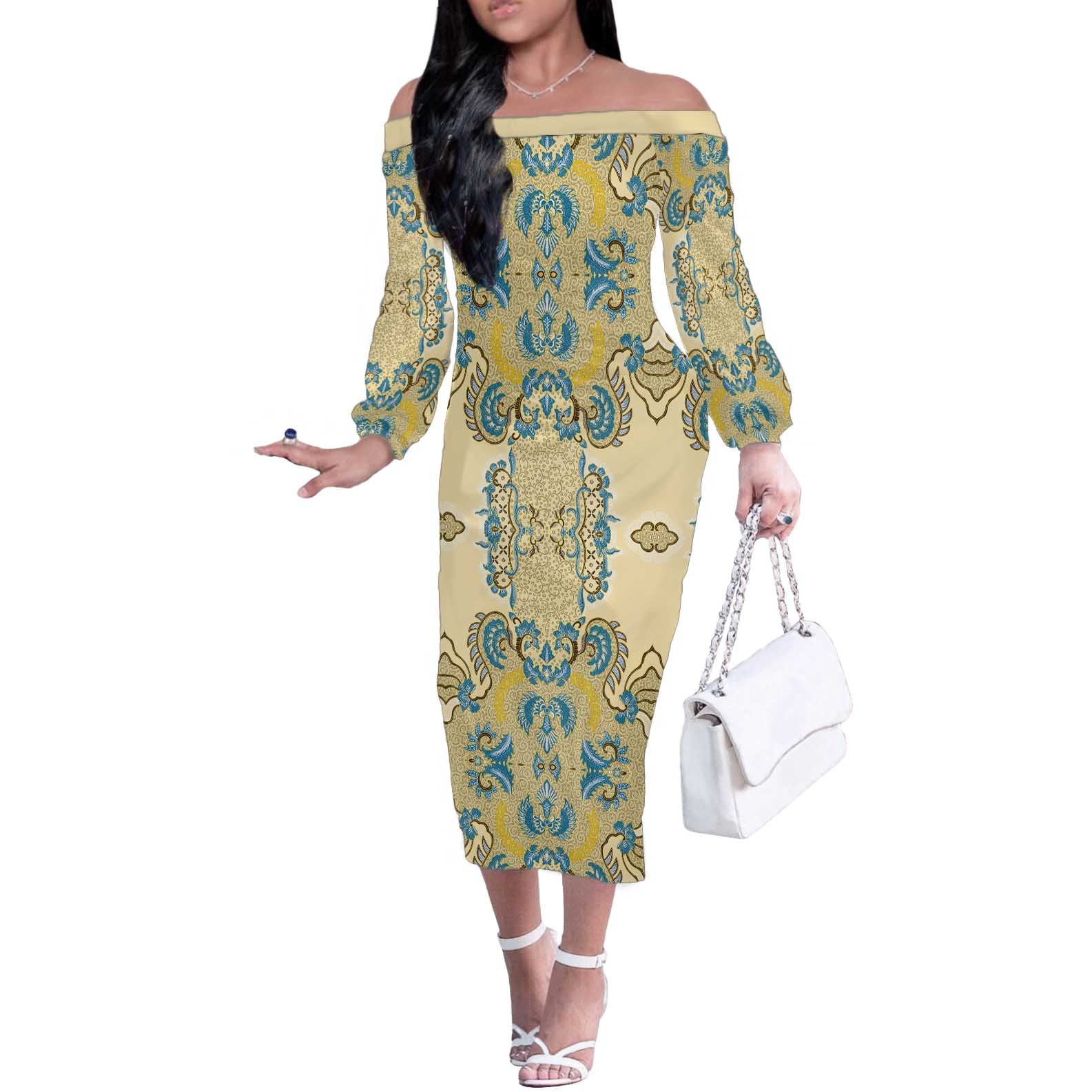 Madiba Nelson Mandela Off The Shoulder Long Sleeve Dress Indonesia Batik Yellow Bule - Wonder Print Shop