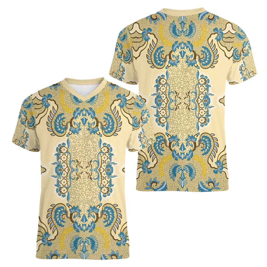 Madiba Nelson Mandela Women V-Neck T-Shirt Indonesia Batik Yellow Bule - Wonder Print Shop