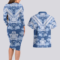 Indonesia Javanese Batik Couples Matching Long Sleeve Bodycon Dress and Hawaiian Shirt Nelson Mandela Madiba Blue - Wonder Print Shop