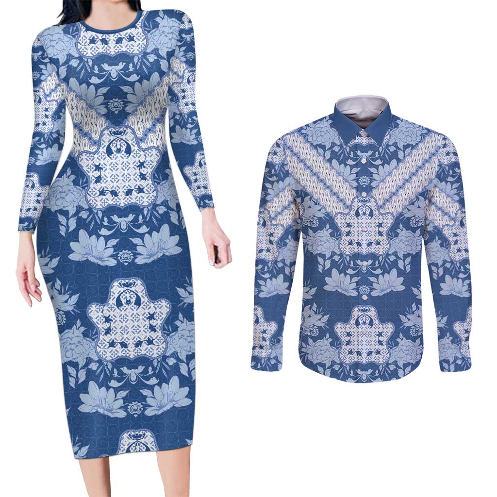 Indonesia Javanese Batik Couples Matching Long Sleeve Bodycon Dress and Long Sleeve Button Shirt Nelson Mandela Madiba Blue - Wonder Print Shop