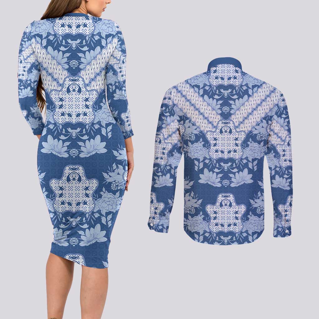 Indonesia Javanese Batik Couples Matching Long Sleeve Bodycon Dress and Long Sleeve Button Shirt Nelson Mandela Madiba Blue - Wonder Print Shop