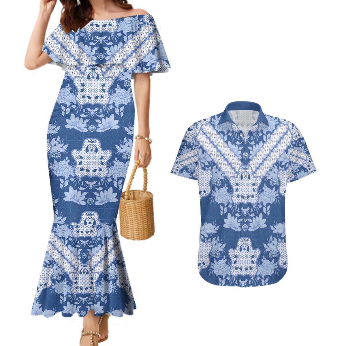 Indonesia Javanese Batik Couples Matching Mermaid Dress and Hawaiian Shirt Nelson Mandela Madiba Blue - Wonder Print Shop