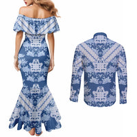 Indonesia Javanese Batik Couples Matching Mermaid Dress and Long Sleeve Button Shirt Nelson Mandela Madiba Blue - Wonder Print Shop