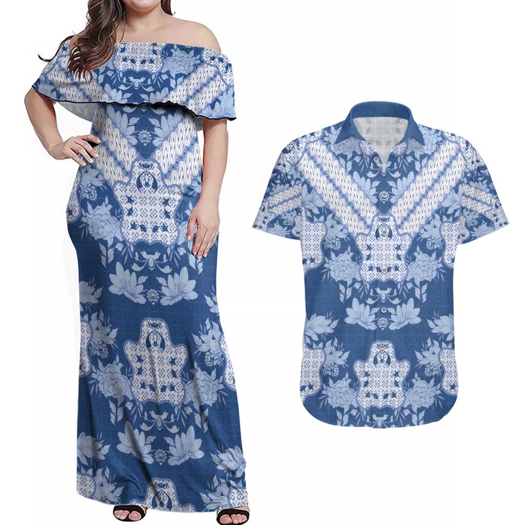Indonesia Javanese Batik Couples Matching Off Shoulder Maxi Dress and Hawaiian Shirt Nelson Mandela Madiba Blue - Wonder Print Shop