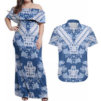 Indonesia Javanese Batik Couples Matching Off Shoulder Maxi Dress and Hawaiian Shirt Nelson Mandela Madiba Blue - Wonder Print Shop