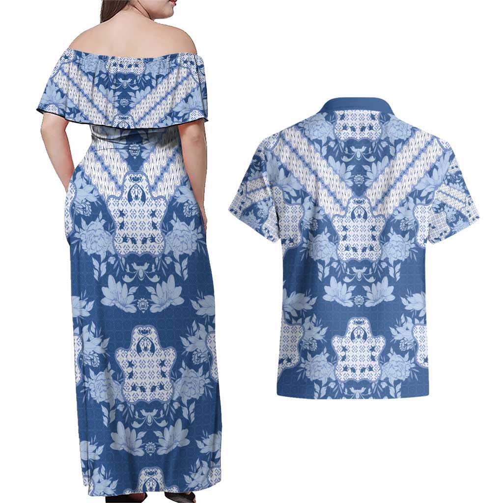 Indonesia Javanese Batik Couples Matching Off Shoulder Maxi Dress and Hawaiian Shirt Nelson Mandela Madiba Blue - Wonder Print Shop