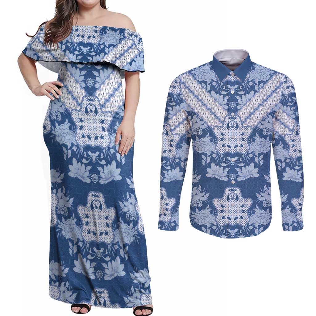 Indonesia Javanese Batik Couples Matching Off Shoulder Maxi Dress and Long Sleeve Button Shirt Nelson Mandela Madiba Blue - Wonder Print Shop