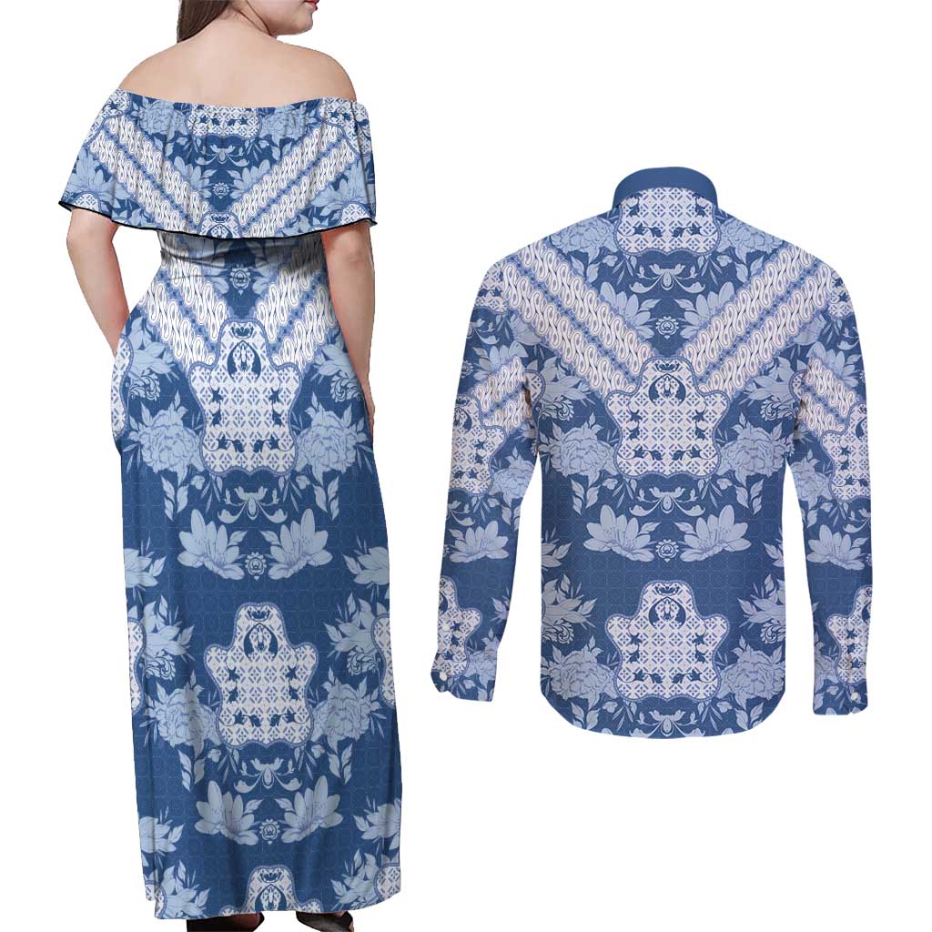 Indonesia Javanese Batik Couples Matching Off Shoulder Maxi Dress and Long Sleeve Button Shirt Nelson Mandela Madiba Blue - Wonder Print Shop