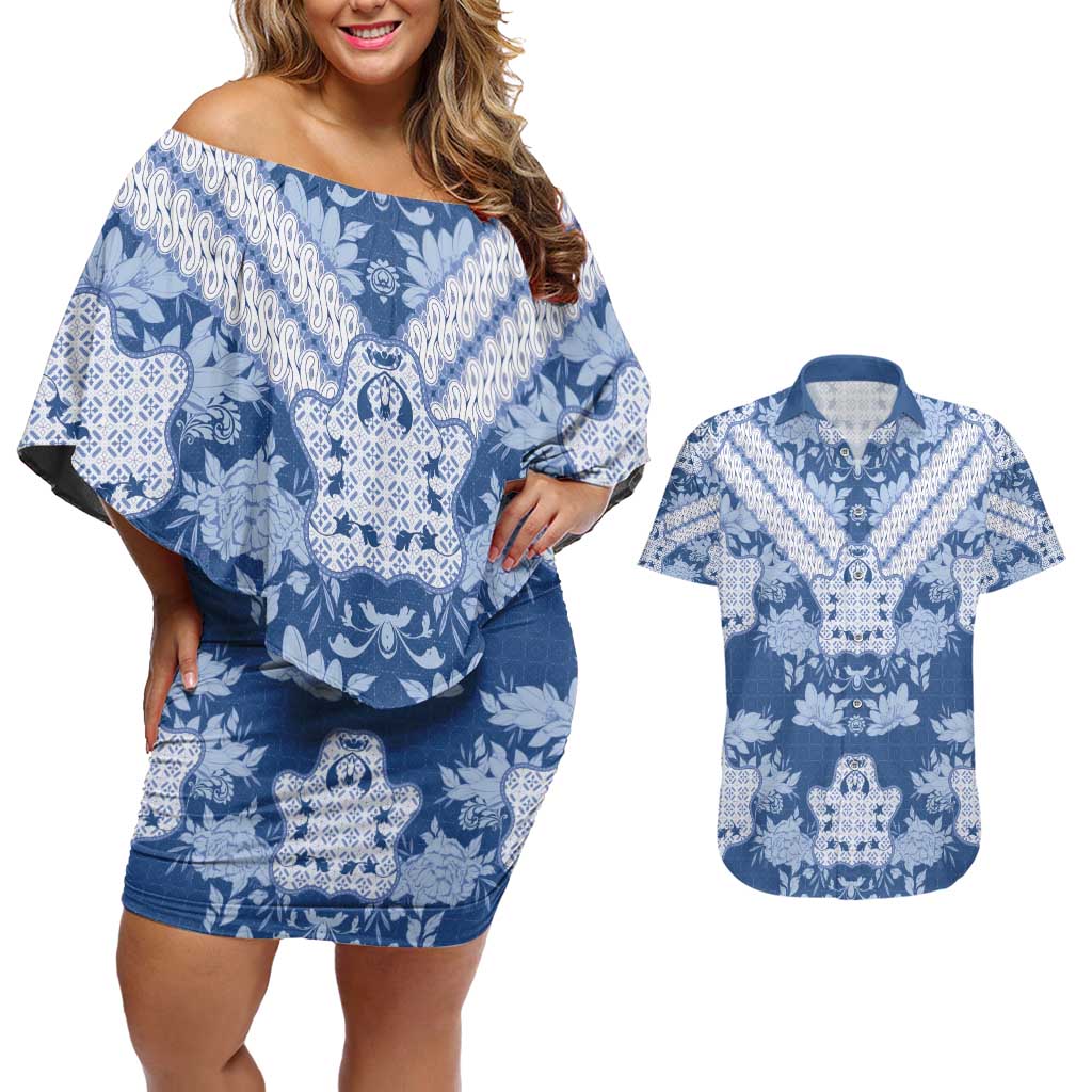 Indonesia Javanese Batik Couples Matching Off Shoulder Short Dress and Hawaiian Shirt Nelson Mandela Madiba Blue - Wonder Print Shop