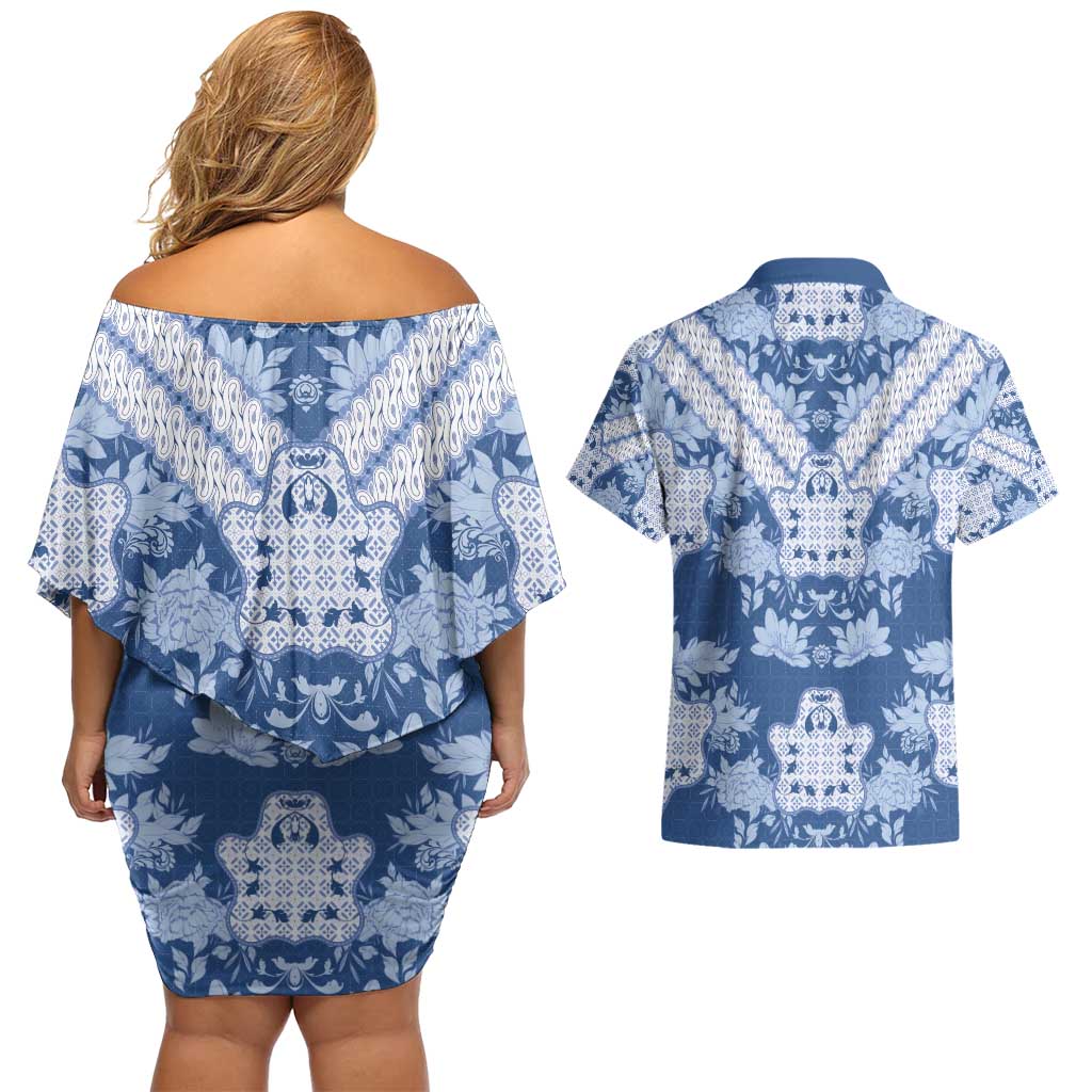 Indonesia Javanese Batik Couples Matching Off Shoulder Short Dress and Hawaiian Shirt Nelson Mandela Madiba Blue - Wonder Print Shop
