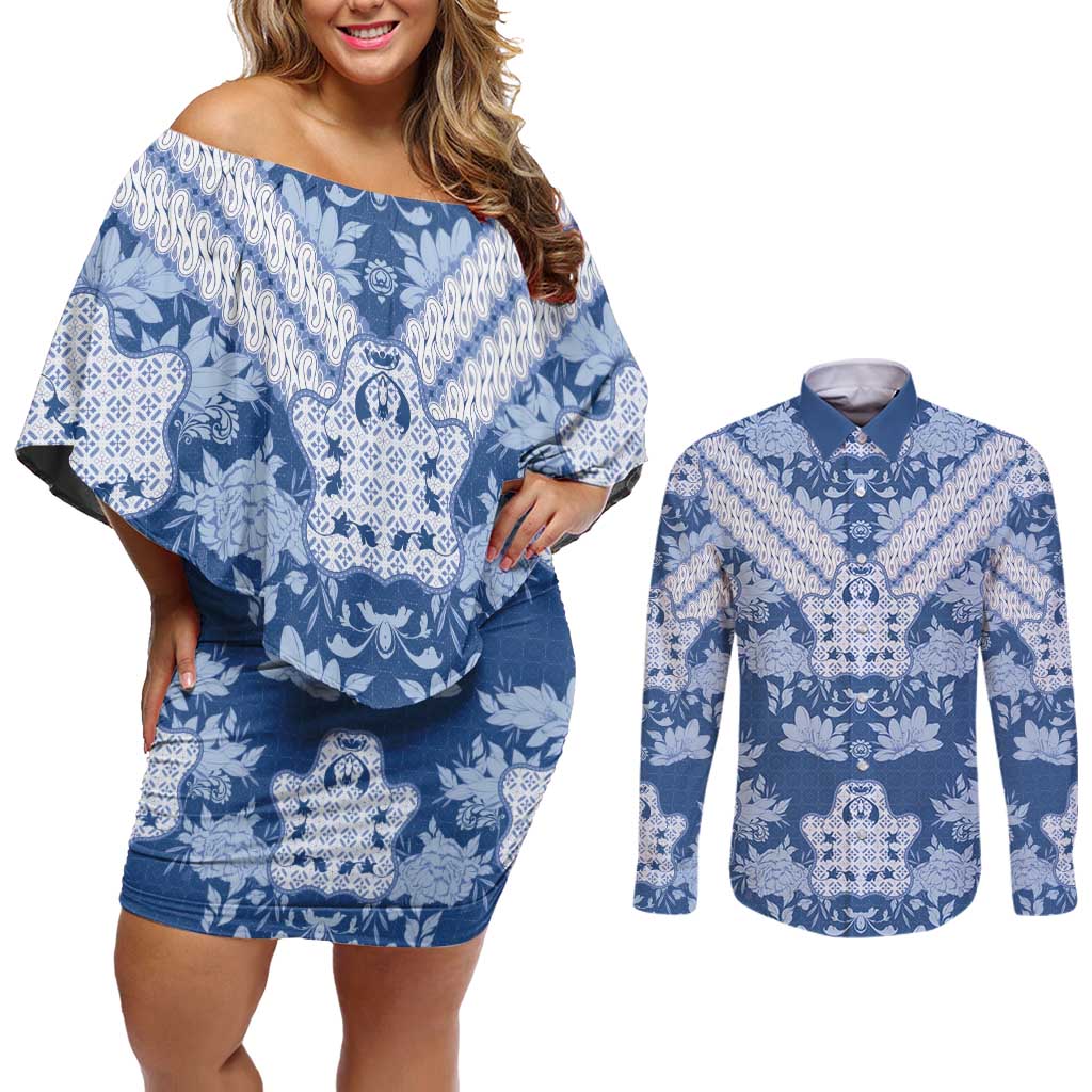 Indonesia Javanese Batik Couples Matching Off Shoulder Short Dress and Long Sleeve Button Shirt Nelson Mandela Madiba Blue - Wonder Print Shop