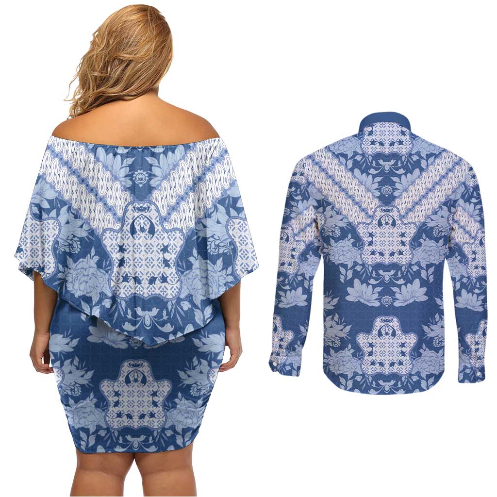 Indonesia Javanese Batik Couples Matching Off Shoulder Short Dress and Long Sleeve Button Shirt Nelson Mandela Madiba Blue - Wonder Print Shop
