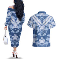 Indonesia Javanese Batik Couples Matching Off The Shoulder Long Sleeve Dress and Hawaiian Shirt Nelson Mandela Madiba Blue - Wonder Print Shop