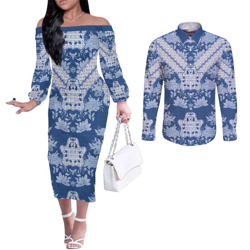 Indonesia Javanese Batik Couples Matching Off The Shoulder Long Sleeve Dress and Long Sleeve Button Shirt Nelson Mandela Madiba Blue - Wonder Print Shop