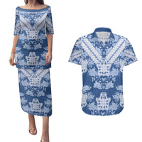 Indonesia Javanese Batik Couples Matching Puletasi and Hawaiian Shirt Nelson Mandela Madiba Blue - Wonder Print Shop