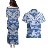 Indonesia Javanese Batik Couples Matching Puletasi and Hawaiian Shirt Nelson Mandela Madiba Blue - Wonder Print Shop