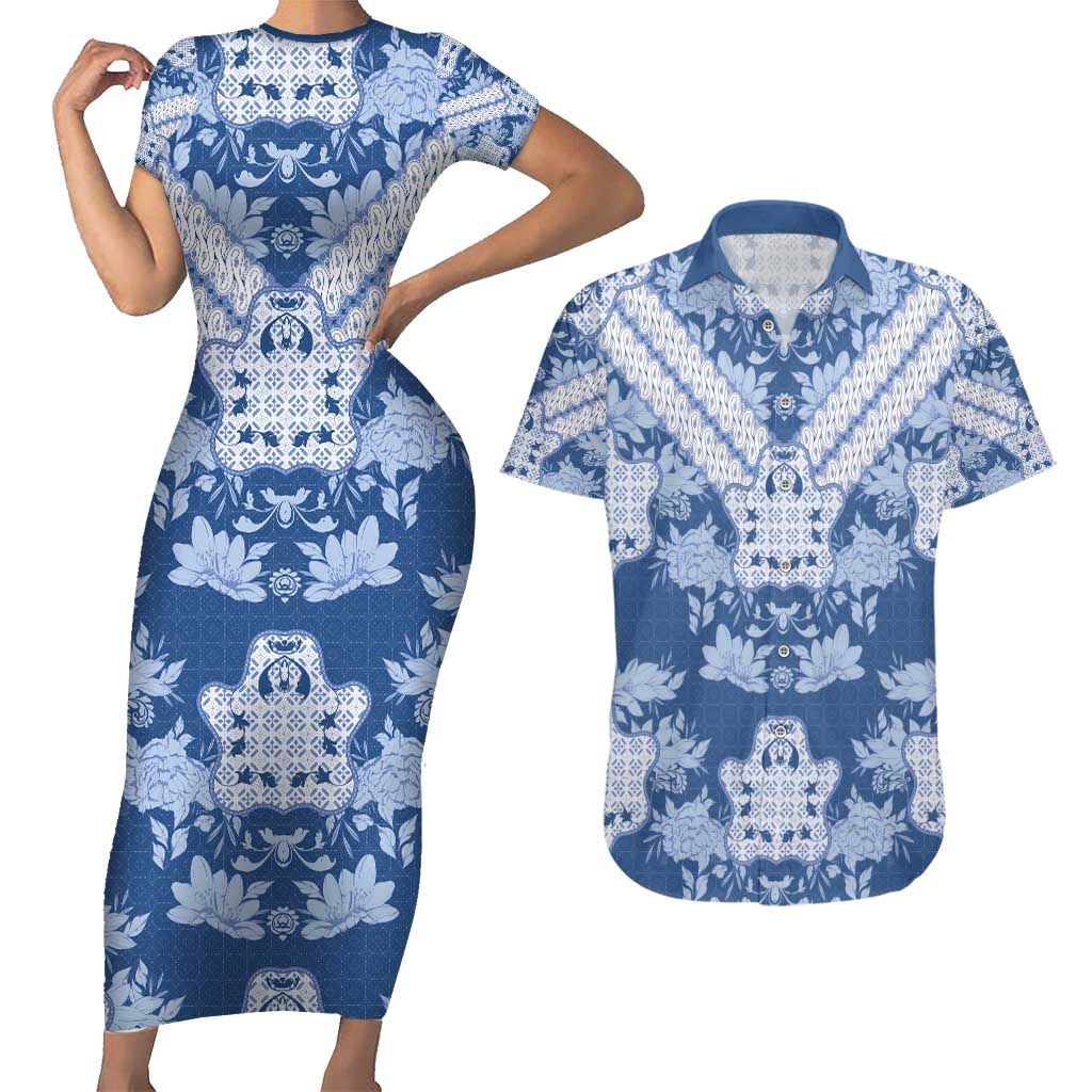Indonesia Javanese Batik Couples Matching Short Sleeve Bodycon Dress and Hawaiian Shirt Nelson Mandela Madiba Blue - Wonder Print Shop