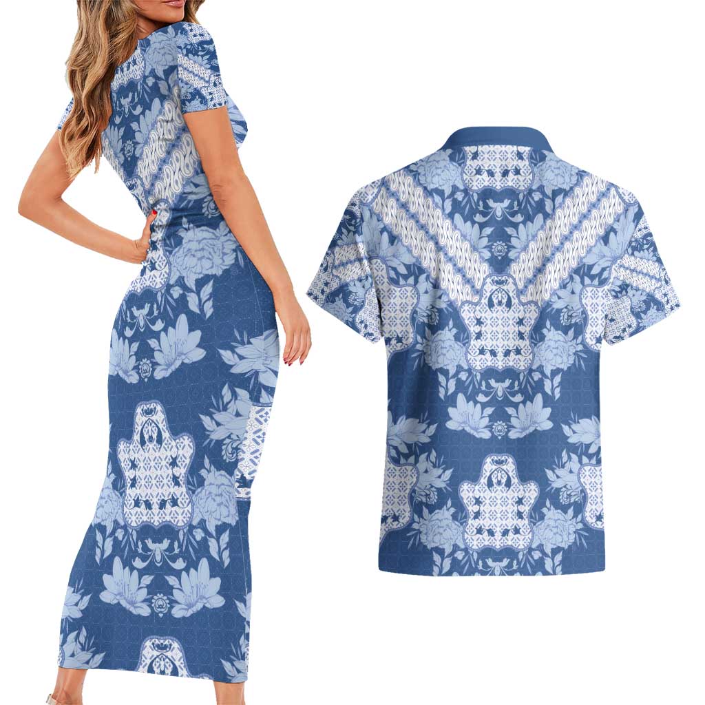 Indonesia Javanese Batik Couples Matching Short Sleeve Bodycon Dress and Hawaiian Shirt Nelson Mandela Madiba Blue - Wonder Print Shop