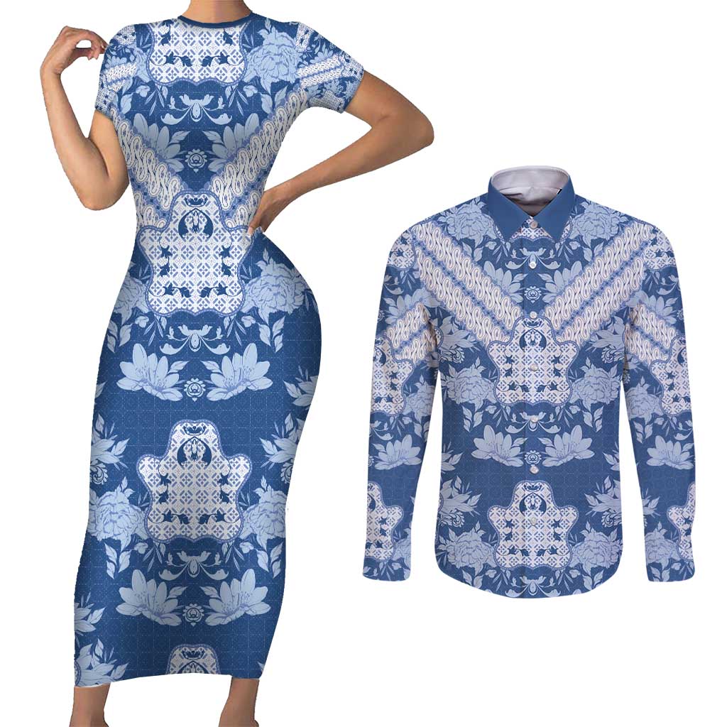 Indonesia Javanese Batik Couples Matching Short Sleeve Bodycon Dress and Long Sleeve Button Shirt Nelson Mandela Madiba Blue - Wonder Print Shop