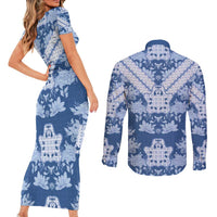 Indonesia Javanese Batik Couples Matching Short Sleeve Bodycon Dress and Long Sleeve Button Shirt Nelson Mandela Madiba Blue - Wonder Print Shop