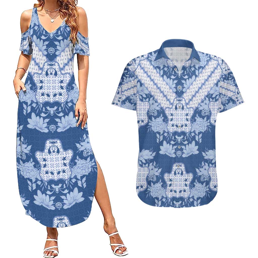Indonesia Javanese Batik Couples Matching Summer Maxi Dress and Hawaiian Shirt Nelson Mandela Madiba Blue - Wonder Print Shop