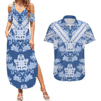 Indonesia Javanese Batik Couples Matching Summer Maxi Dress and Hawaiian Shirt Nelson Mandela Madiba Blue - Wonder Print Shop