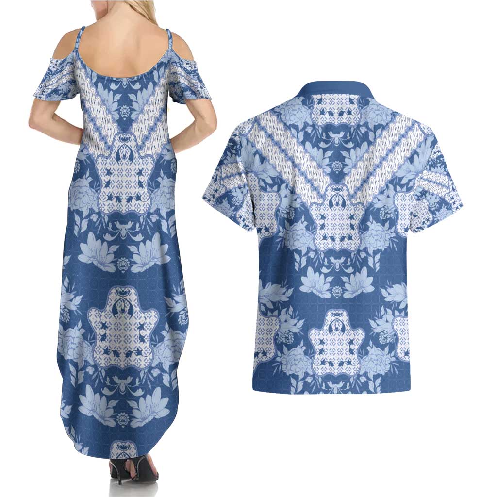 Indonesia Javanese Batik Couples Matching Summer Maxi Dress and Hawaiian Shirt Nelson Mandela Madiba Blue - Wonder Print Shop