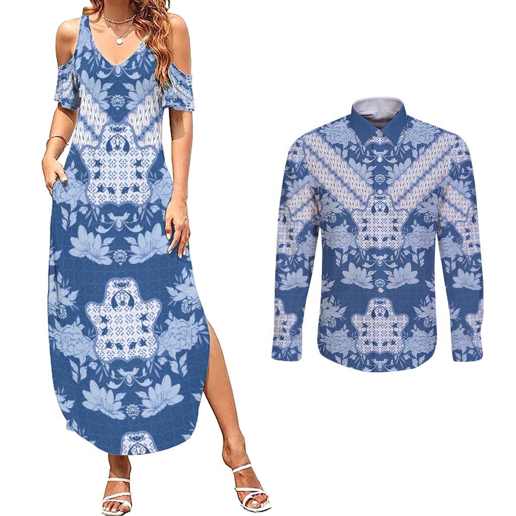 Indonesia Javanese Batik Couples Matching Summer Maxi Dress and Long Sleeve Button Shirt Nelson Mandela Madiba Blue - Wonder Print Shop